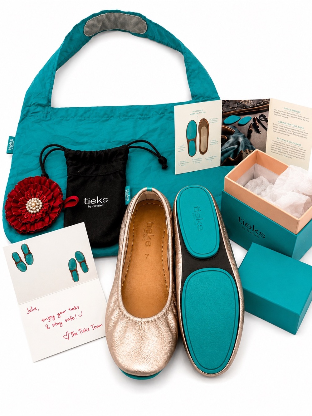 Tieks Rosé Leather Ballet Flat with Teal Sole | Size 7 | Women Shoes | Rose Gold